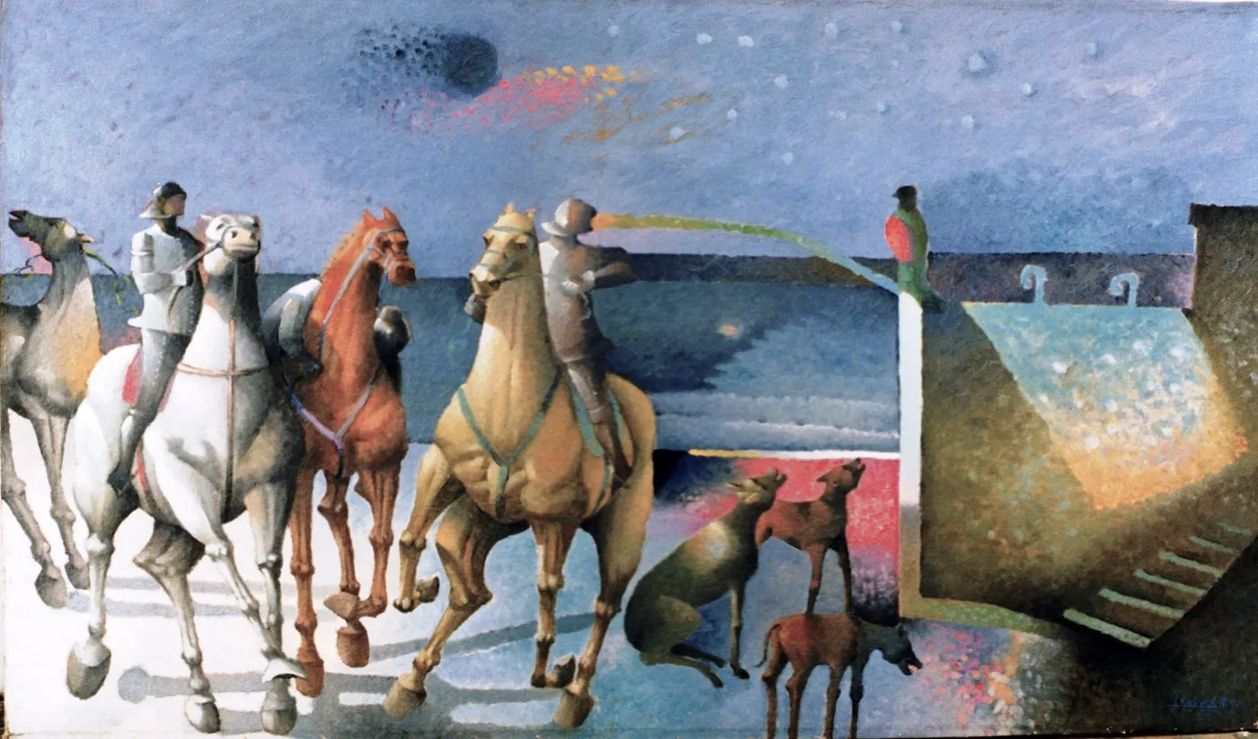 Obra de la serie La Conquista: jinetes y caballos junto al mar